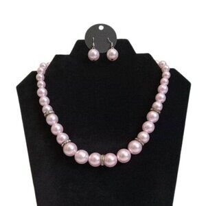 Soft Pink Round Beaded Adjustable Single Strand Matching Necklace & Earring Set